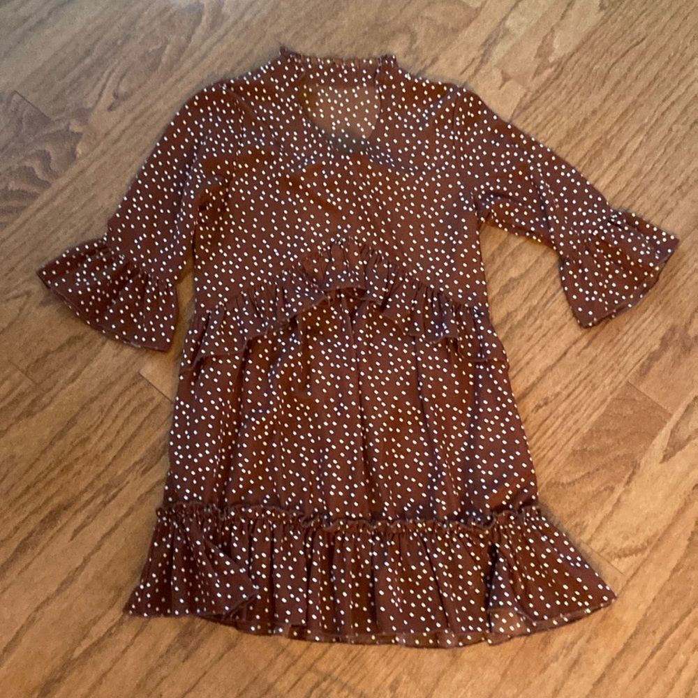 Prairie dress, brown and cream, colored dots, xs- s